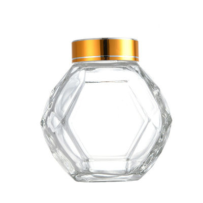200 ml 380 ml szklana sześciokątna butelka miodu ze złotą srebrną czerwoną czarną metalową pokrywką